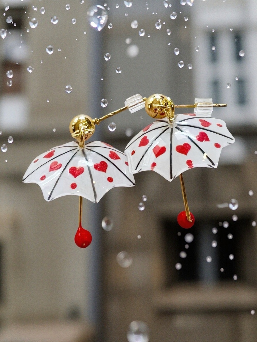 Teeny Tiny Umbrella Gold-Tone Red Hearts and Hearts Drop Earring Set of 3 - Picture 13 of 16